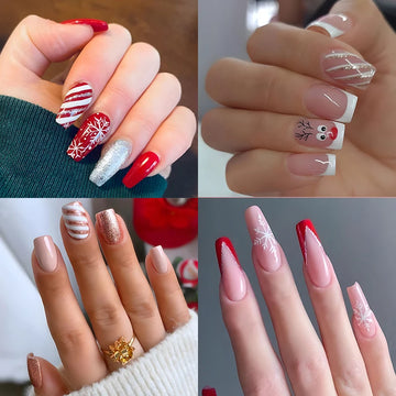 Christmas Press on False Nails Snow Print Fashion Tip Fake Nail 24 Pcs/Set Women Stick on Nail Art Acrylic Red & White Nails