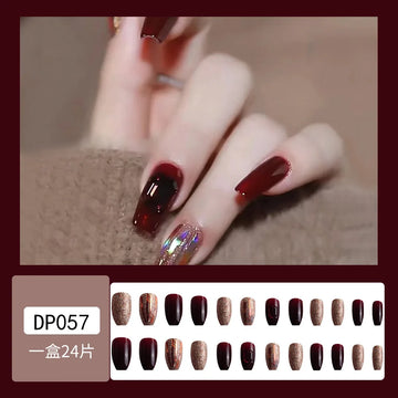 24Pcs Full Cover Fake Nails with 3D White Flower Design Full Cover Press on Fingernails Tips Coffin Head Glitter Red False Nails