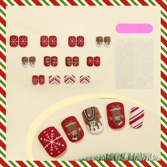 24pcs Red Matte Fake Nails Christmas Snowflake Stripe Pattern False Nail Tips Wearable 2025 New Year Gifts Press on Nails