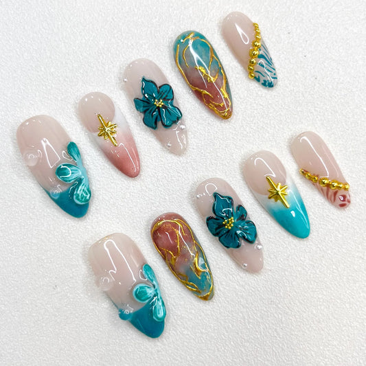 2025 New 3D Turquoise Fake Nails Pressed on Fashion Nail Pressed On Limited Press On Nails with Adhesive Nail File Set