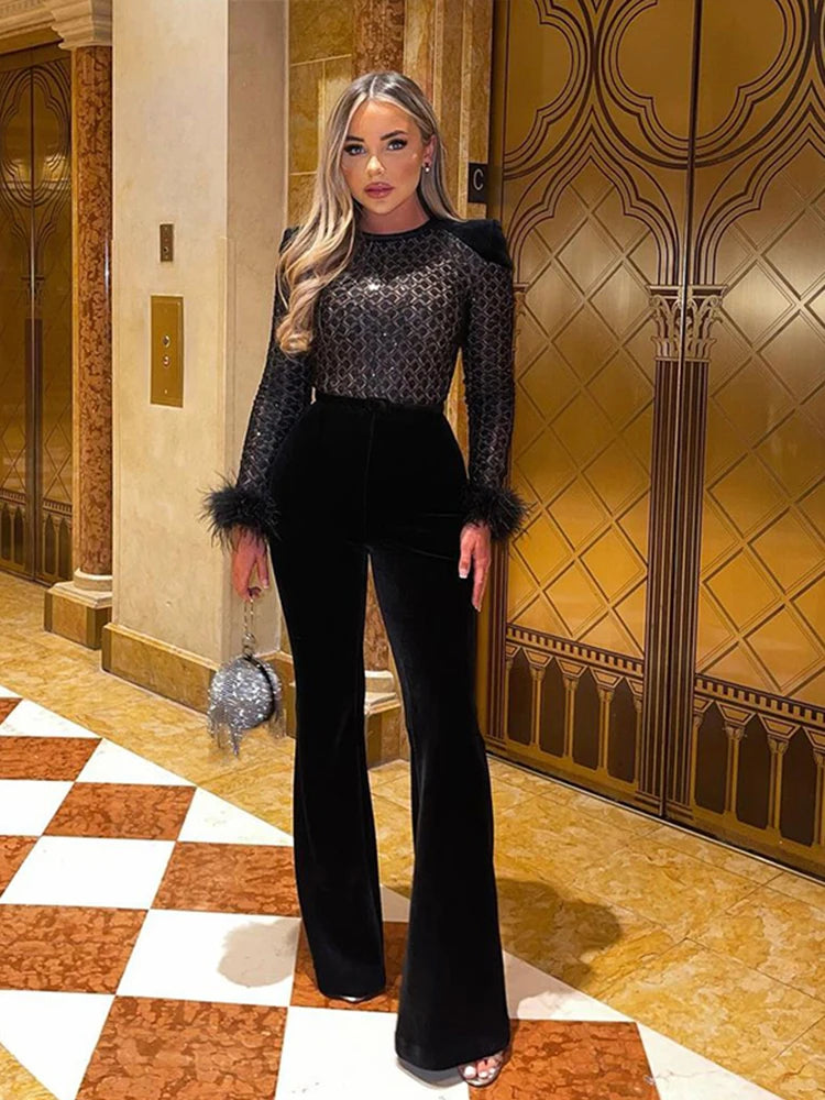 Christmas Sequins Velvet Feather Jumpsuit Women Patchwork Slim Long Sleeve Flare High Waist Jumpsuits Sexy Lady Party Romper