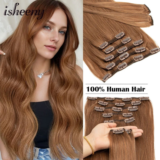 Isheeny 14"-24" Clip In Human Hair Extensions Brazilian Remy Natural Clip Human Hair Extension Real Natural Clip On 80G-140G