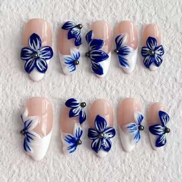 2025 New Handmade Nail Art Blue Flower Series Embossed 3D Mandarin Duck Series Nails Press on Fake Nails