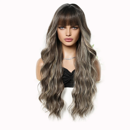 LOUIS FERRE Long Wavy Brown Blonde Highlights Synthetic Wigs for Women Natural Wave Hair With Bangs Daily Heat Resistant Wigs