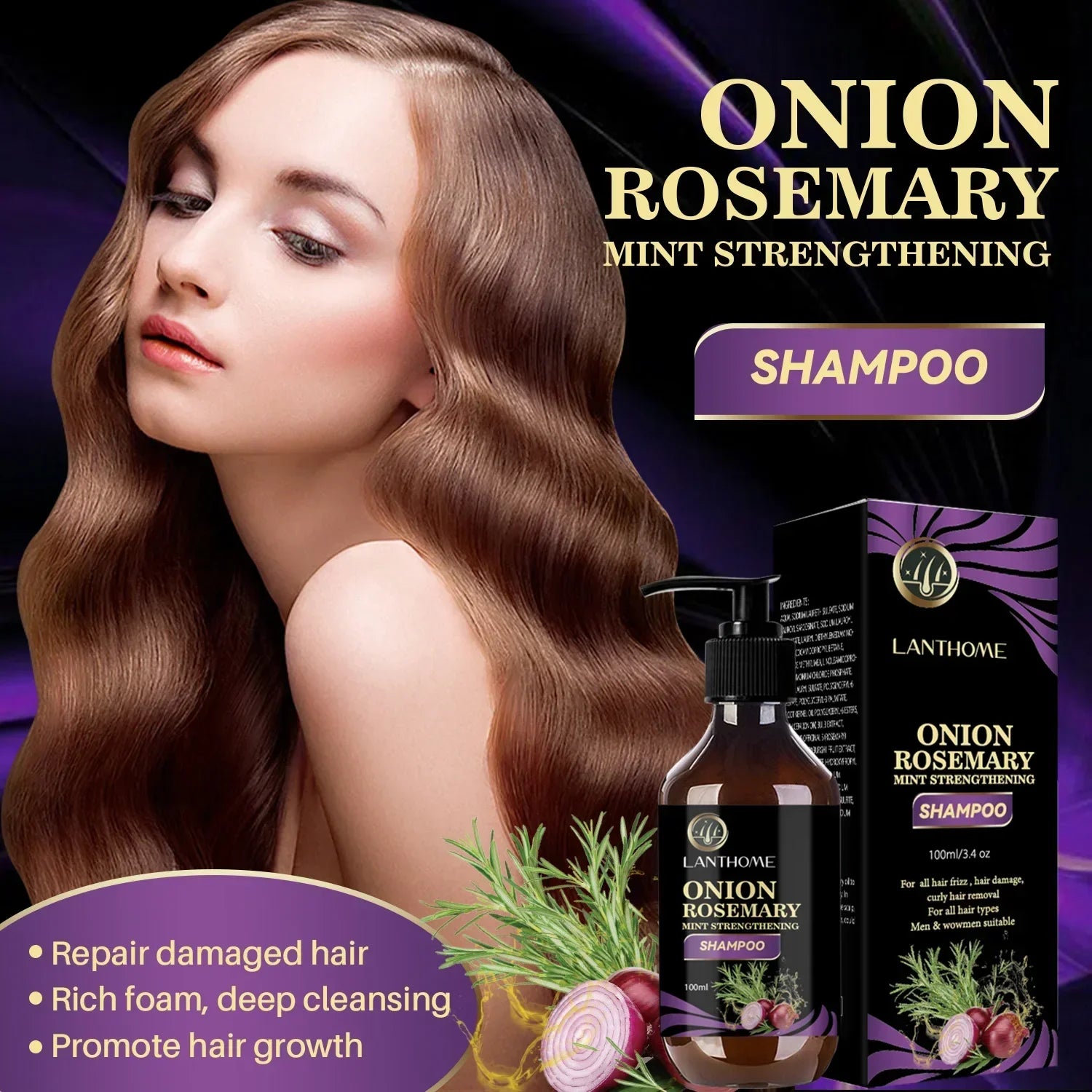 Rosemary Onion Strengthening Shampoo for Hair Growth Repair Damaged Anti Loss Hair Care Shampoo Professional for Men and Women