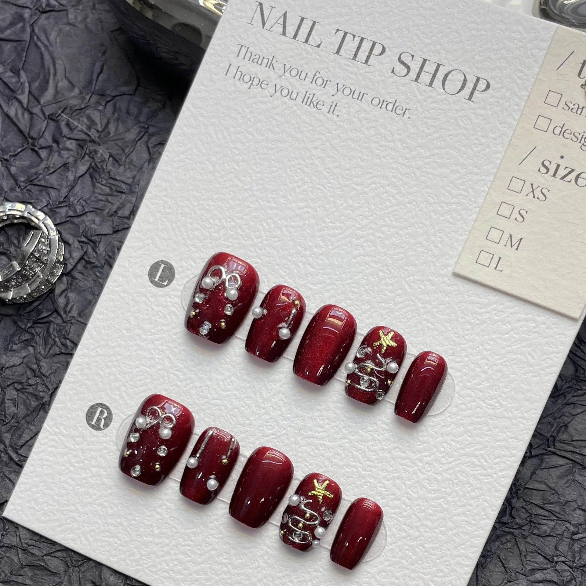 10 PCS Luxury Handmade Press on Nails Super Short Coffin Red Christmas Design with 3-PIECE Tool Adhesive Nail Glue Tabs