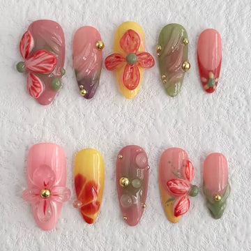 10Pcs Handmade Press On Nails Almond Fake Nails 2025 Design with Nail File Set New 3D Cute Flower Best Sellers Nails Art