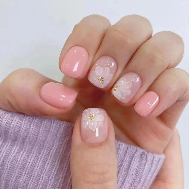 24Pcs White Ice Camellia Short False Nails Art Light Pink Sweet Girls Acrylic Press on Nails Full Cover Removable Fake Nail Set