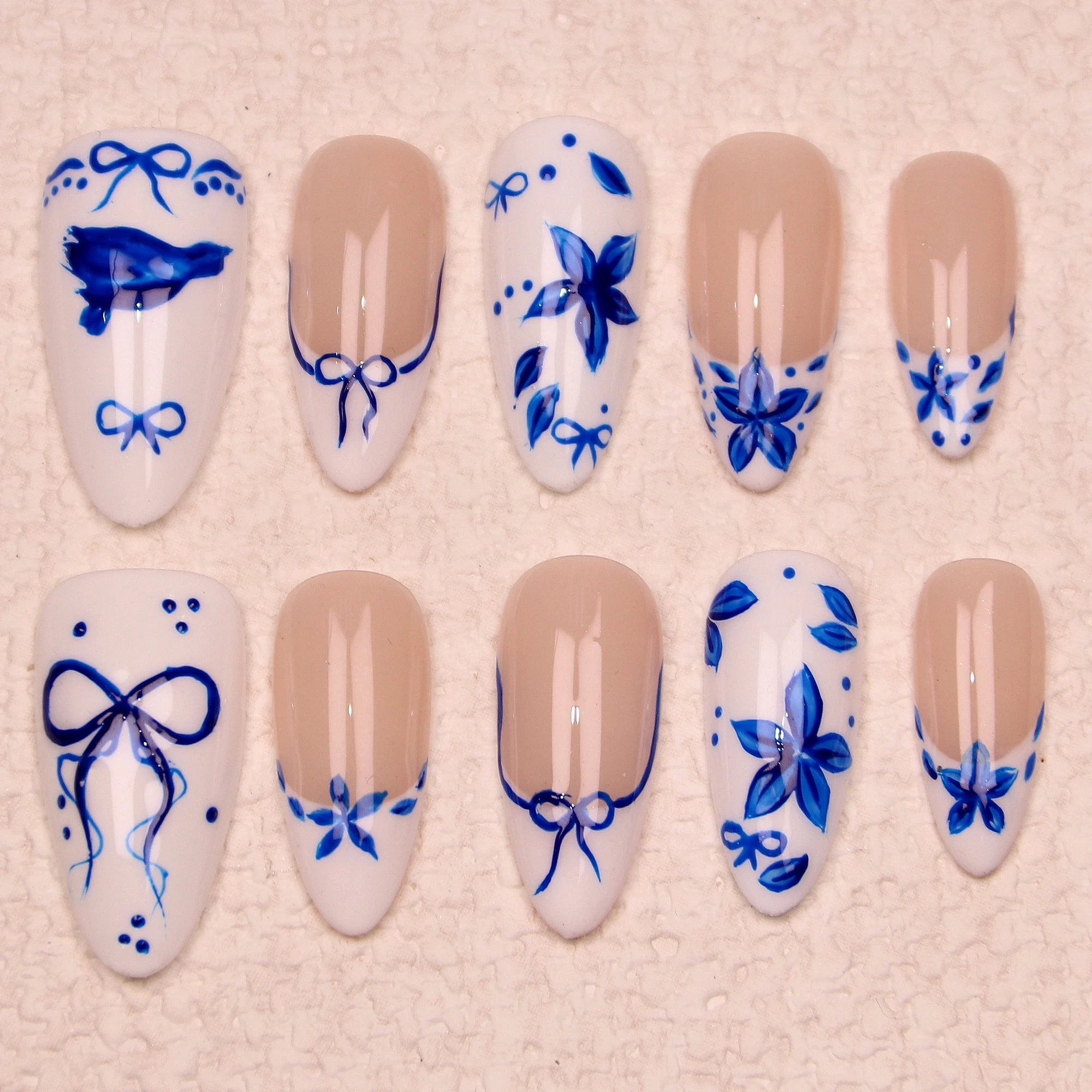 10Pcs Handmade Manicure Medium Almond Bow Nails Unique 3D Blue Flowers Press On Nails Design with Adhesive Nail File Set