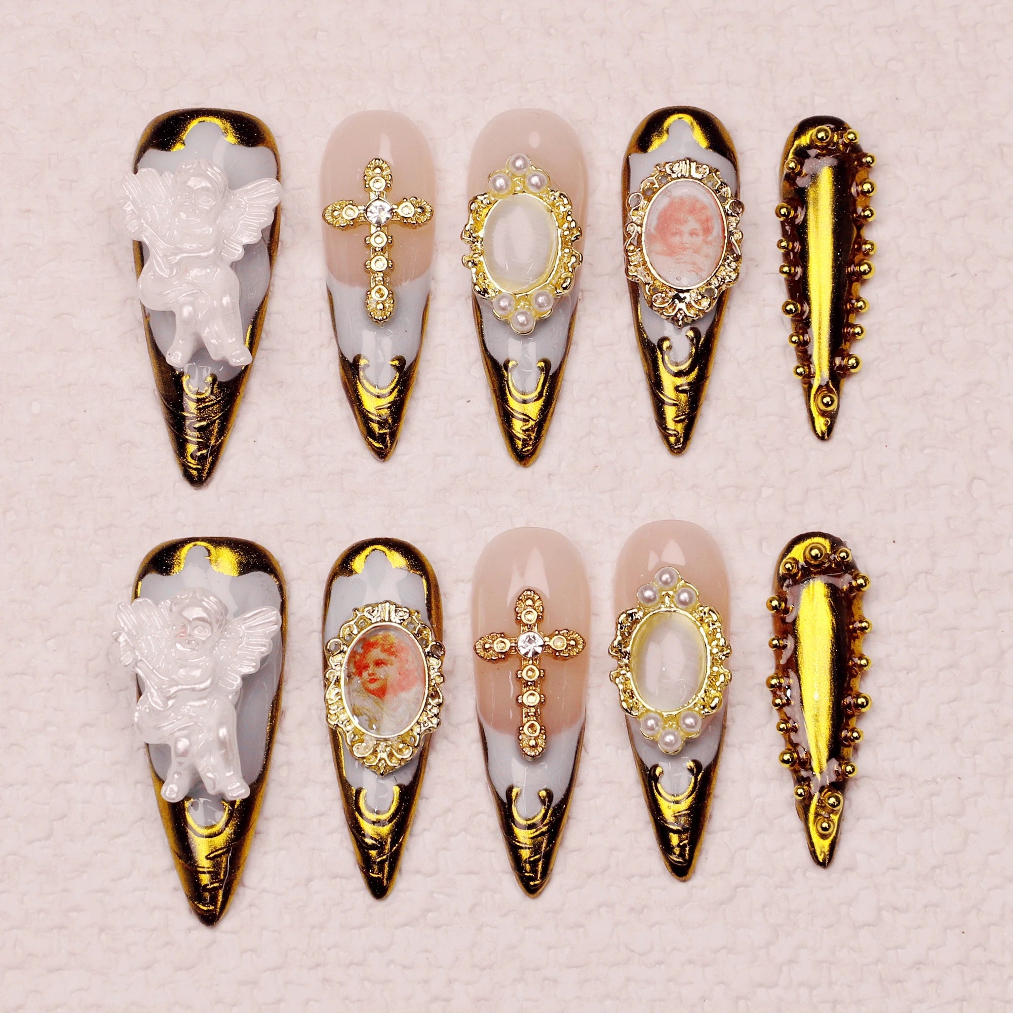 10Pcs Long Stiletto Cross with Angel Press On Nails Custom Handpainted Golden Luxe Royal Design with Adhesive Nail File Set