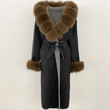 Woolen Coat Women Thick Warm Overwears Hooded Double-faced Woolen Blends Jacket Autumn Winter Real Natural Fox Fur Collar Jacket