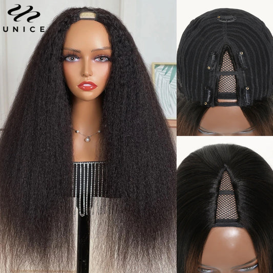 UNice Hair Kinky Straight V Part Wig U Part Wig 100% Human Hair No Glue Minimal Leave Out EasiContour V Part Wig With Drawstring