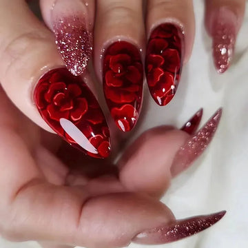 24Pcs Red Flowers Design Fake Nail with Almond Head Mid-length French Press on False Nails Glitter Wearable Full Cover Nail Tips