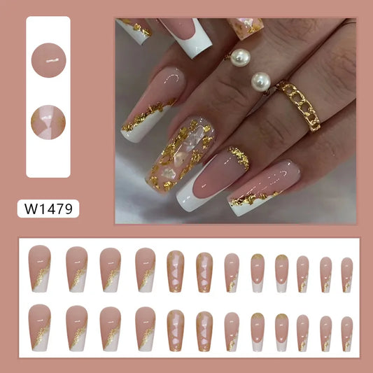 24pcs Coffin False Nails French Glitter Gold foil Fake Nails Full Cover Press on Nails Nail Tips Detachable DIY Long Ballet Nail