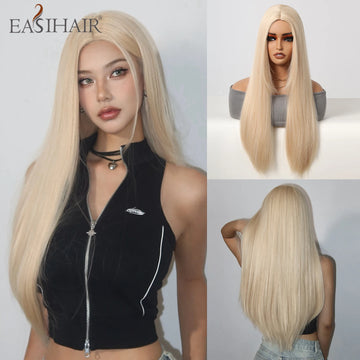 Blonde Golden Synthetic Wigs Long Straight Hair Natural Wig for Women Middle Part Wigs Cosplay Party Heat Resistant Fake Hair