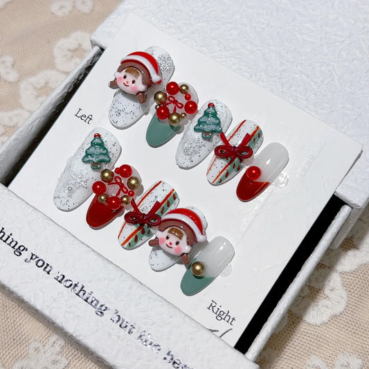 10pcs Handmade Christams Press on Nails Cute Sweet Girl Xmas Tree Design Fake Nails 2025 New Year DIY Wearing False Nail Patches