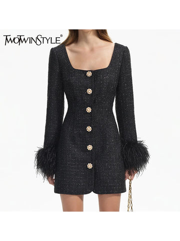 TWOTWINSTYLE Solid Patchwork Feathers Luxury Dress For Women Square Collar Long Sleeve Slimming Mini Chic Dress Female Fashion