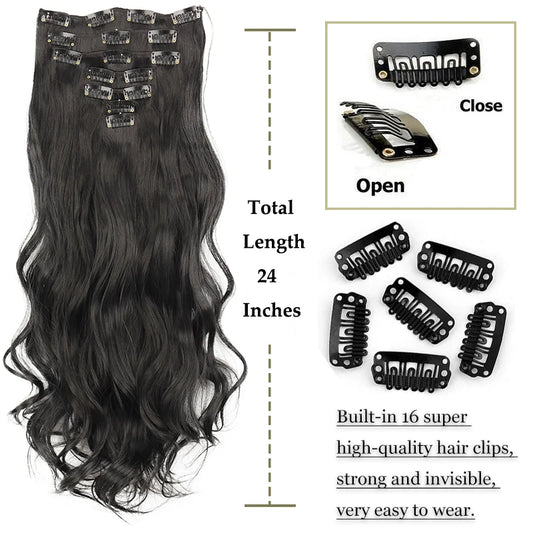 Synthetic Hair Extension Long Wavy 16 Clips Black Hair 7Pcs/Set Heat Resistant Fiber Hairpiece Brown For Women