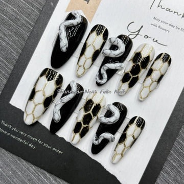 10pcs Handmade Fake Nails Black and White Nails Beige Snake Nails 2025 Snake Year Press on Nails for Women Daily Wear