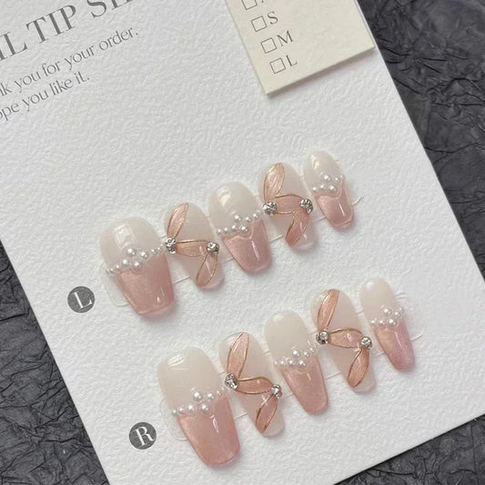 10pcs Nude Cat Eye Handmade False Nails Short French Ballet Ribbon Pearl Design Fake Nail Full Cover Press On Acrylic Nail Tips