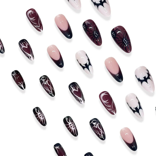 24pcs Almond Halloween Press on Nails Punk Metal Black Red Gradient French Fake Nails Bat Spider Pattern Halloween False Nails