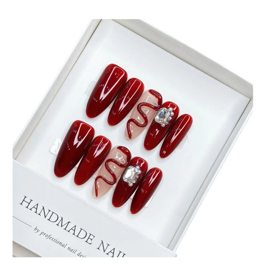 2025 Year of the Snake New Year Handmade Press On Nails Burgundy Snake Cute Fake Nail Stickers Removable