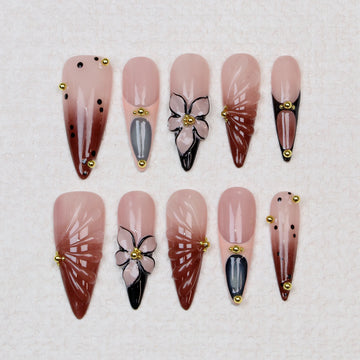 10Pcs Handpainted Manicure Long Stiletto Fake Nails Unique 3D Flower Press On Nails Design with Adhesive Nail File Set