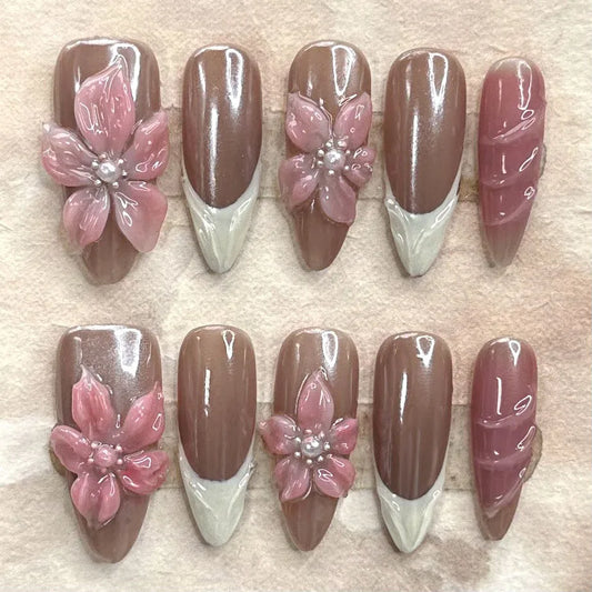 10Pcs Handmade Fake Nails Red Brown 3D Carving  Flower Fake Nails High-end and Luxury Press on Nails for Lady Wear