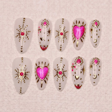 10Pcs Handmade Custom Unique 3D beautiful Heart print Star Press On Nail Faux Acrylic Nails Design with Adhesive Nail File Set