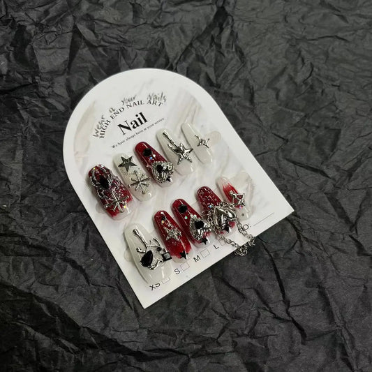 10pcs Handmade Luxury Red Goth Wearable Press on Nails y2k Spicy Girl Patch Design Full Cover Long Coffin Acrylic Nail Tips