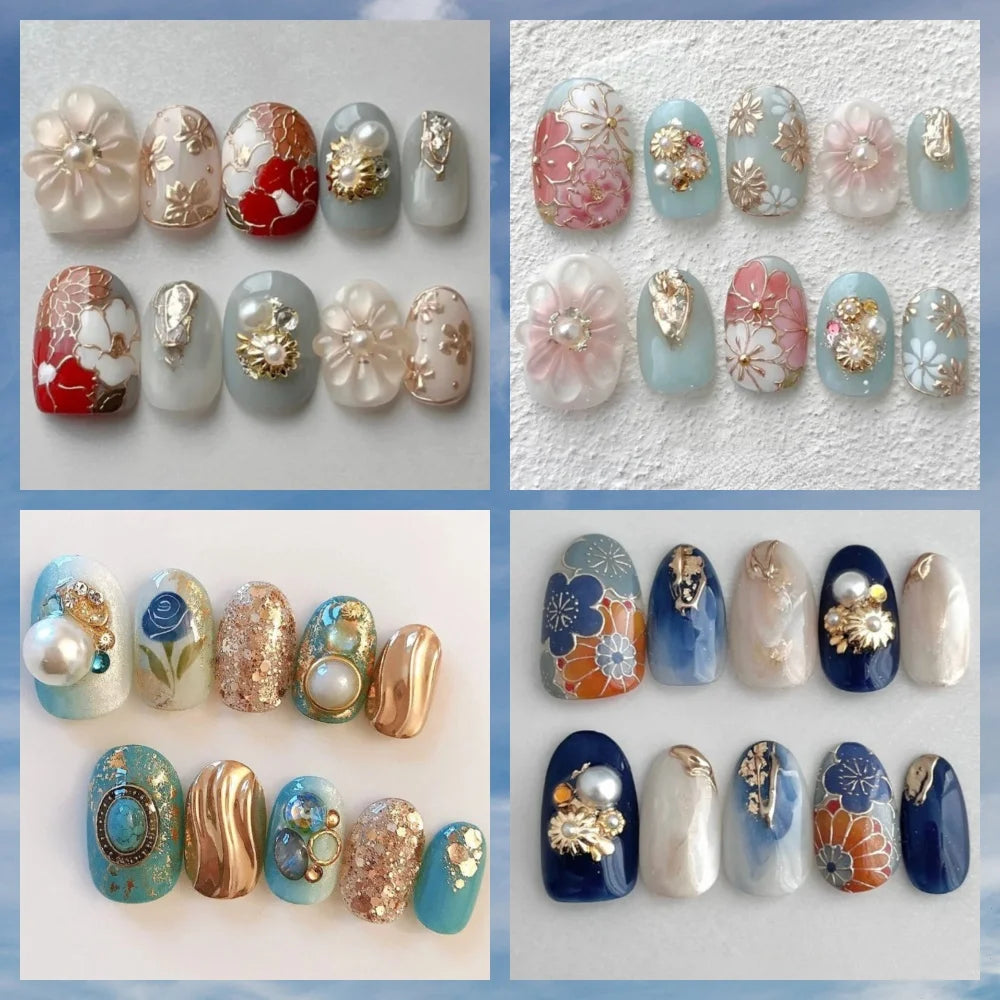 10 Pcs Handmade Spring/Summer 2025 Press On Nails Painting Flowers Pearl Fasle Nails 3D Japanese Style Nails Fake Nails with Set