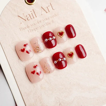 10Pcs Red Handmade Press-on Nails Set Heart with Pearl Design Short Elegant Sweet Style Full Cover Nail Tips for Women and Girls