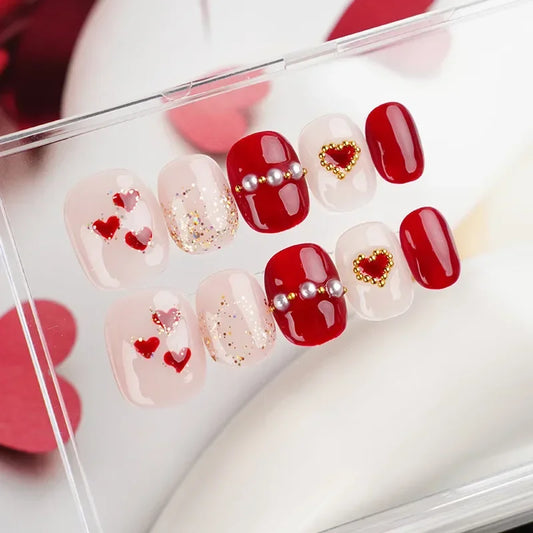 10Pcs Red Handmade Press-on Nails Set Heart with Pearl Design Short Elegant Sweet Style Full Cover Nail Tips for Women and Girls