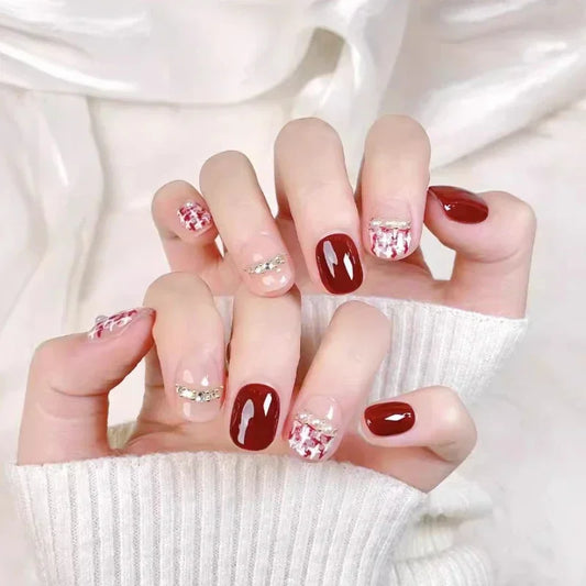 10Pcs Red Chic Press-On Nails Set Elegant French Style with Pearl Short Handmade Lattice Fake Nails for Women and Girls Wearing