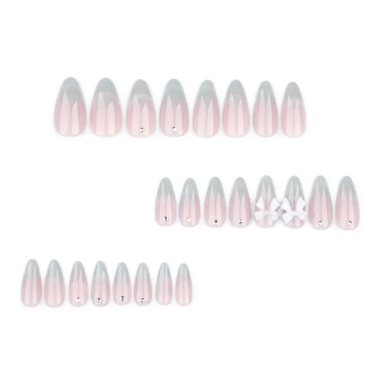 24pcs Sweet Cat's Eye Almond French Press-On Nails with 3D Bow and Rhinestone Embellishments Full Coverage Fake Nails for Women