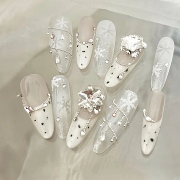 10pcs 2025 New Year Christmas Fake Nails Snowflake Design False Nails Art Full Cover Waterproof Removable Handmade Press on Nail