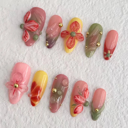 10Pcs Handmade Press On Nails Almond Fake Nails 2025 Design with Nail File Set New 3D Cute Flower Best Sellers Nails Art