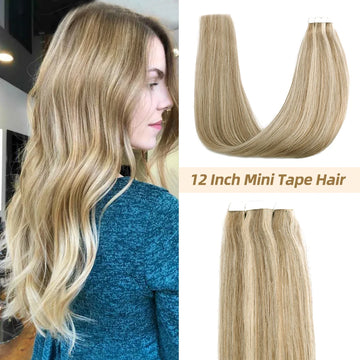 Neitsi Invisible Mini Tape In Hair Extensions Black Women 100% Natural Adhesive Human Hair Tape Ins Straight 12" 16"Blonde Ombre