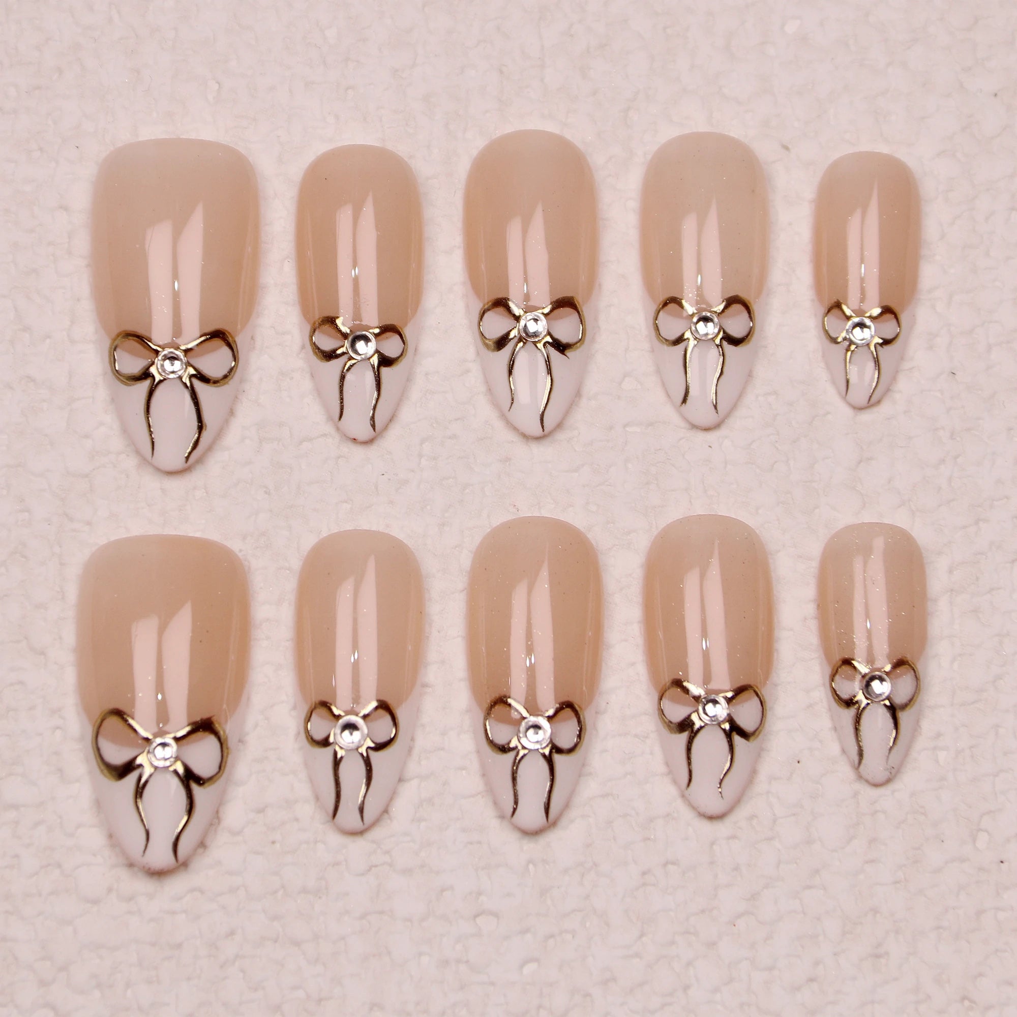 10Pcs Handmade Manicure Medium Almond Fake Nails Unique 3D Beautiful Cut Bow Press On Nails Design with Adhesive Nail File Set