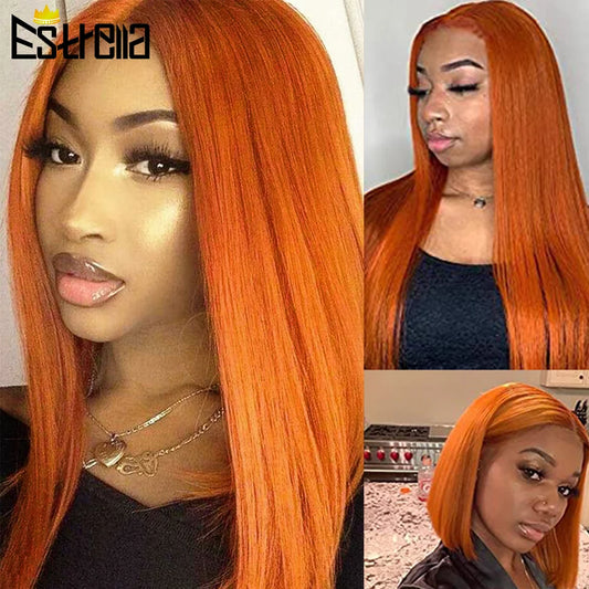 Orange Brazilian Straight Human Hair Wigs For Woman Colored Ginger Orange T Lace Part Hair Wigs 2 pieces Remy 13x1 Lace Wigs