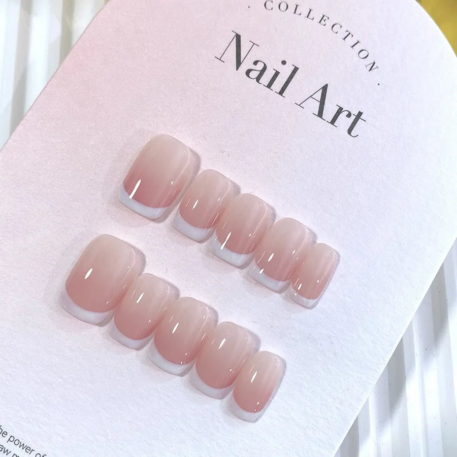 10pcs Pink French Handmade Nails Short French style Handmade Wear Nail for Women&Girl Whitening Nail Stickers False Nail