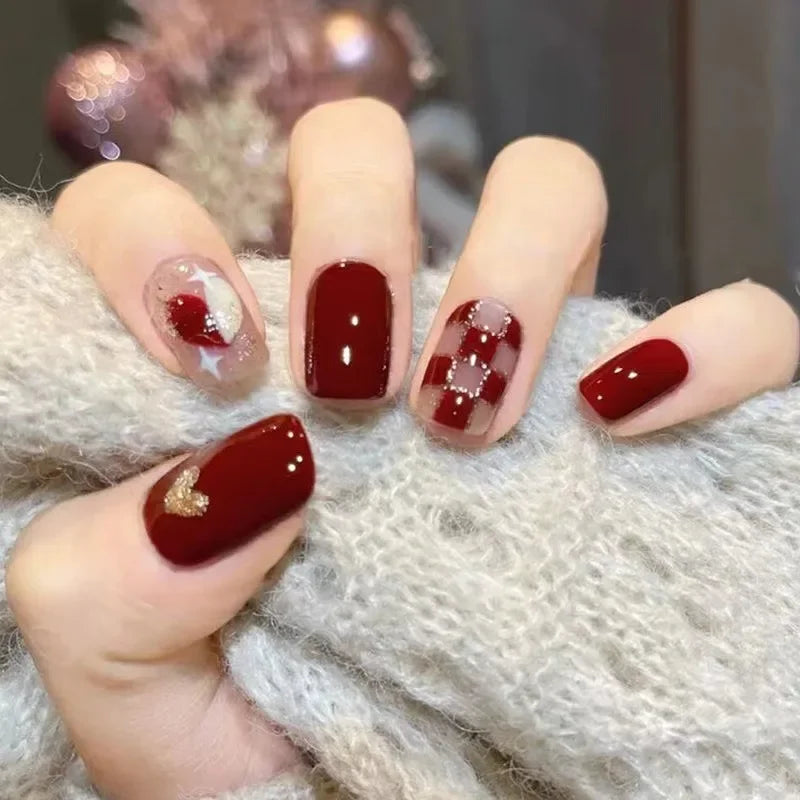 10Pcs Red Christmas/NewYear Handmade Press on Nails Celebrations Nail Art Elegant Vibrant Checkerboard Fake Nail for Women&Grils