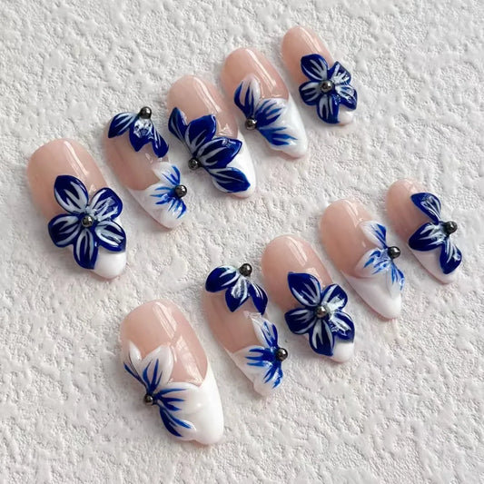 2025 New Handmade Nail Art Blue Flower Series Embossed 3D Mandarin Duck Series Nails Press on Fake Nails