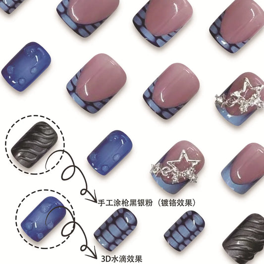 24pcs Short Fake Nails 3D Wave Sliver Star Design Blue French Press on Nails for Girls Full Cover Wearable Short False Nail Tips