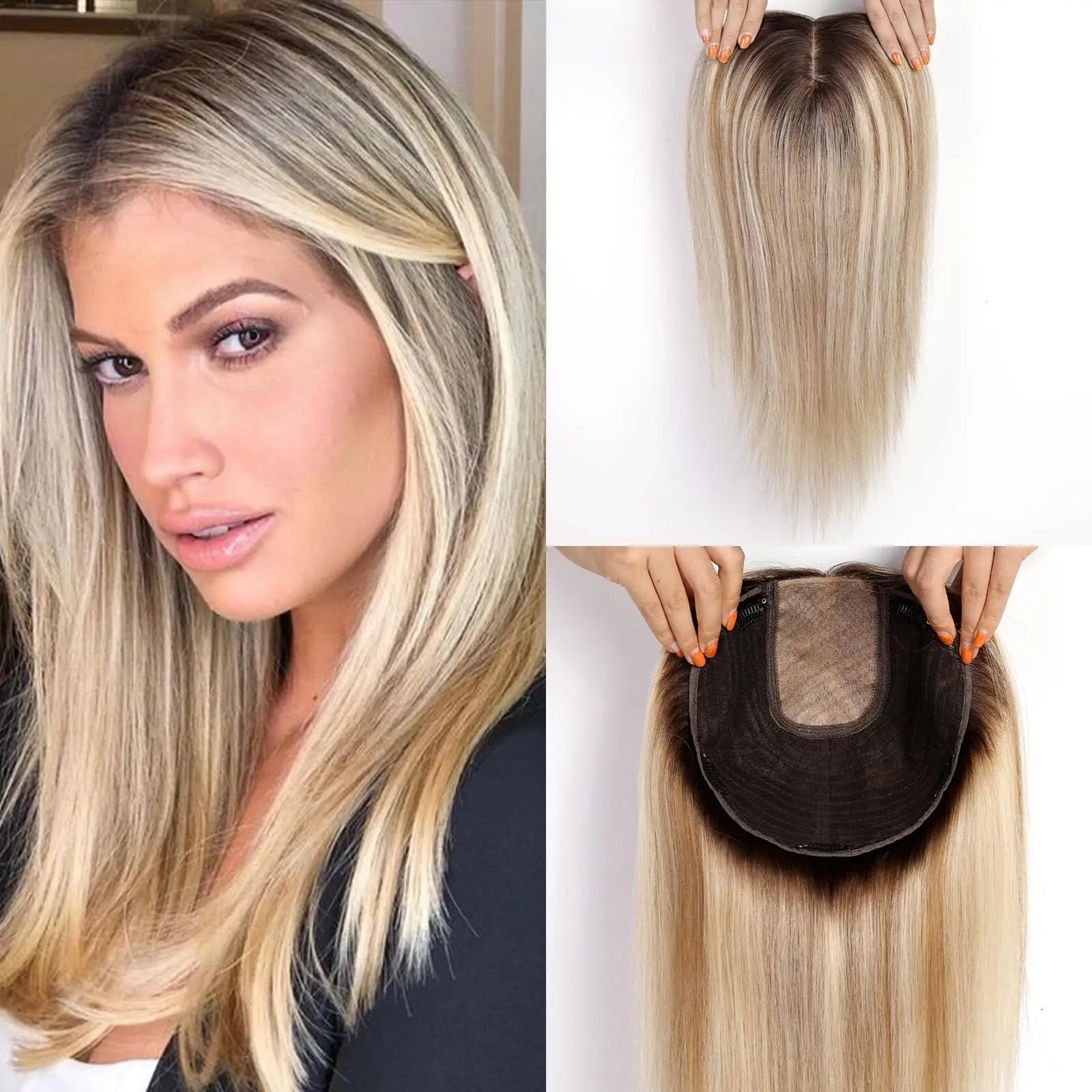 Brown Blonde Highlight Remy Human Hair Toppers Clips in 16 Inches Straight Hairpiece for Women Silk Base Topper Hair Extensions