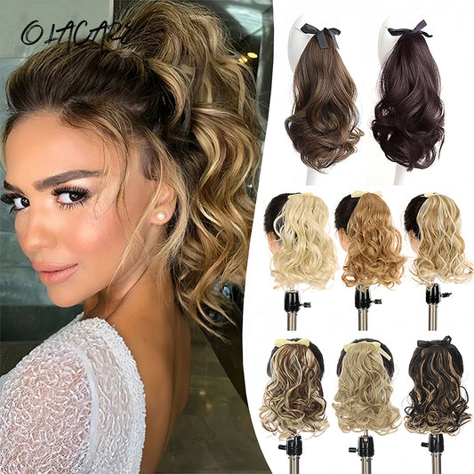 OLACARE Synthetic Short Wavy Curly Ponytail for Women Ribbon Drawstring Tied to Hair Tail Hair Extension Natural Fake Hairpiece