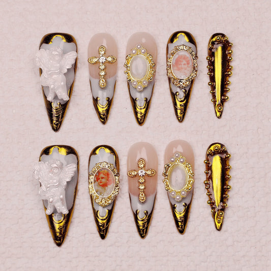 10Pcs Long Stiletto Cross with Angel Press On Nails Custom Handpainted Golden Luxe Royal Design with Adhesive Nail File Set