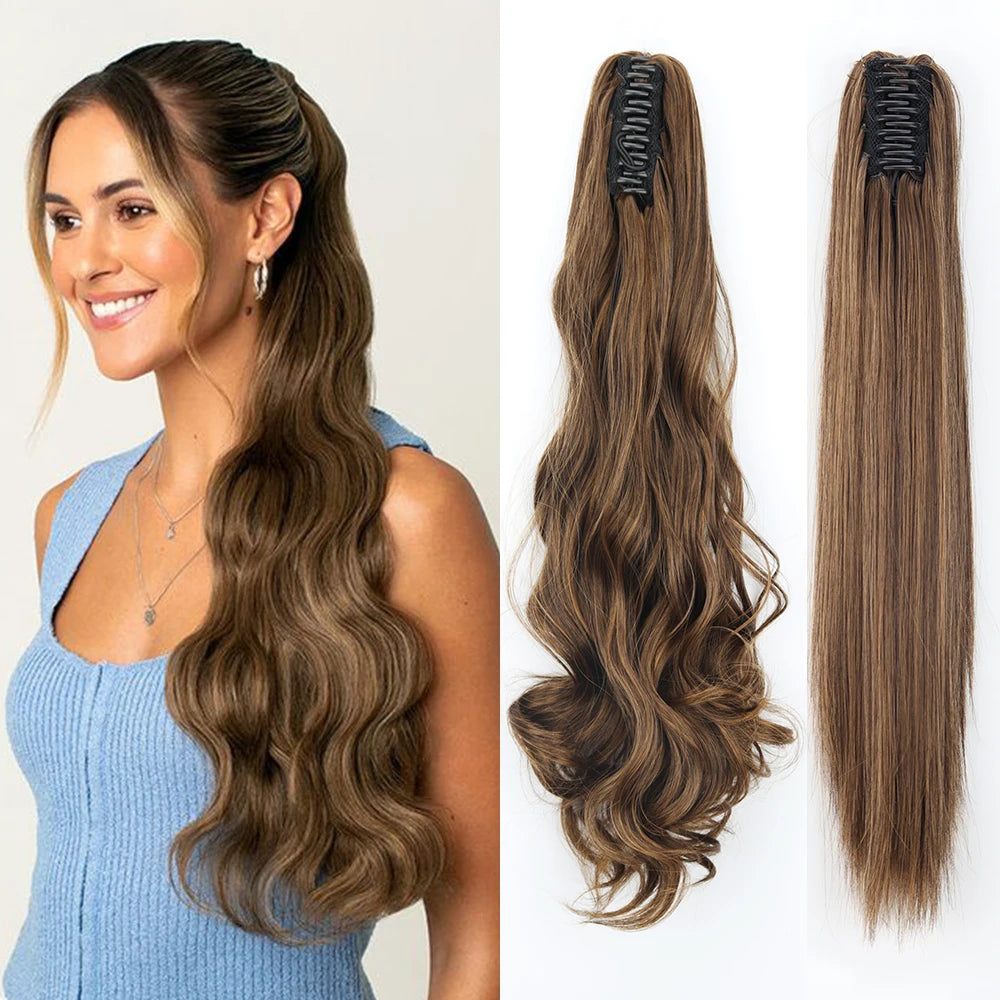 LISI GIRL Synthetic 24" Long Wavy Claw Clip On Ponytail Hair Extension Heat Resistant Natural Wave Pony Tail Fake Hairpieces