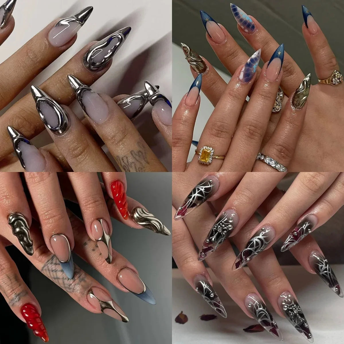 Punk Y2K Water Ripple Press on Nails Almond Shape False Art Nails Silver Red Long Pointed Fake Nails Charms Spicy Tips Manicure