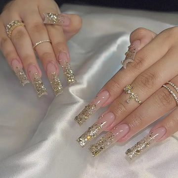 24Pcs Gold Ballet False Nails Long Coffin with Rhinestone French Wearable Fake Nail Transparent Decoration Press on Nail Tips